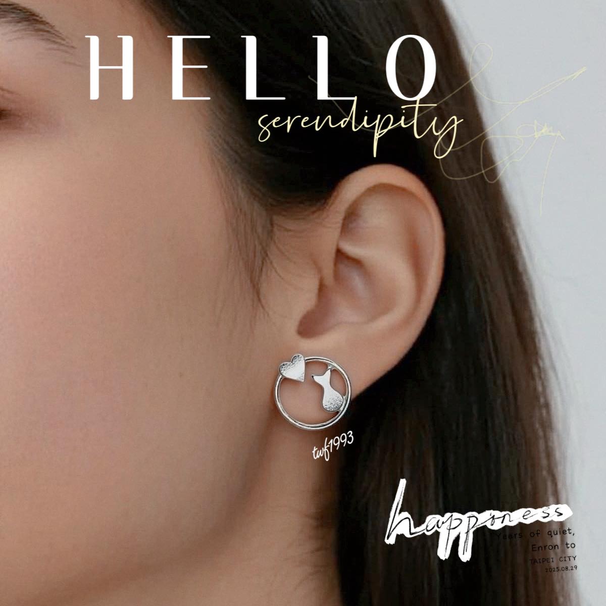 愛心小貓耳針式耳環